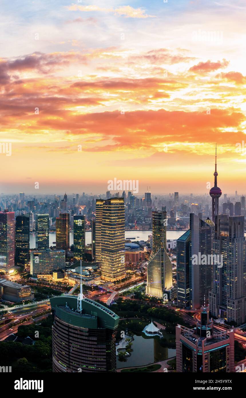 Aerial view of Shanghai skyline and cityscape at sunset,China Stock ...
