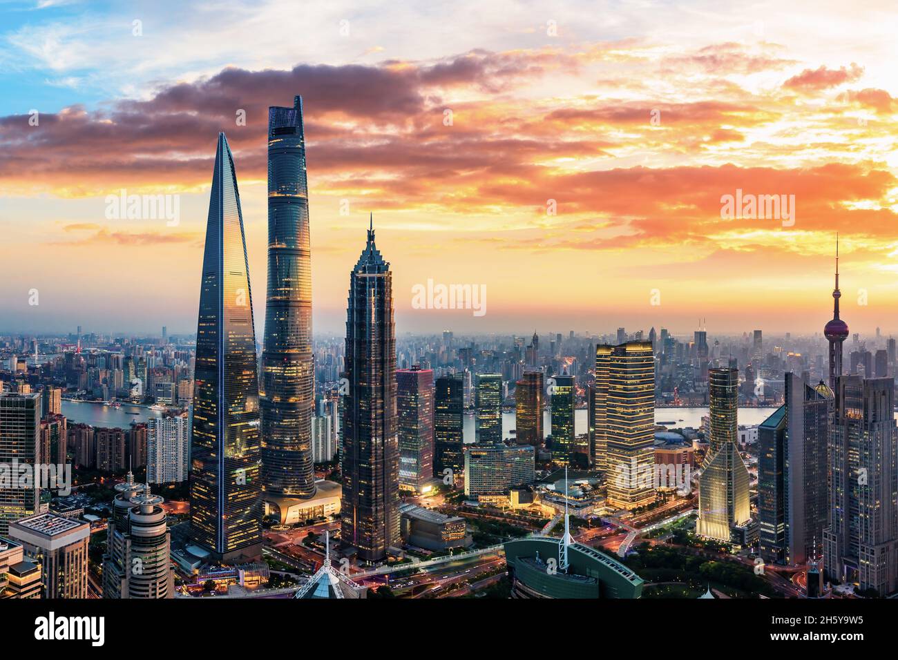 Aerial view of Shanghai skyline and cityscape at sunset,China Stock ...