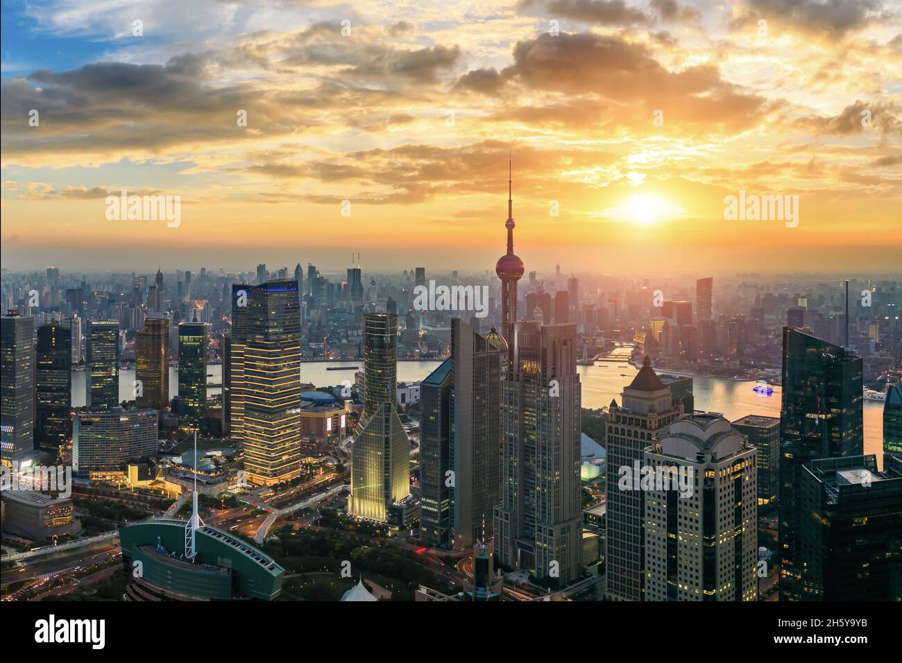 Aerial view of Shanghai skyline and cityscape at sunset,China Stock ...