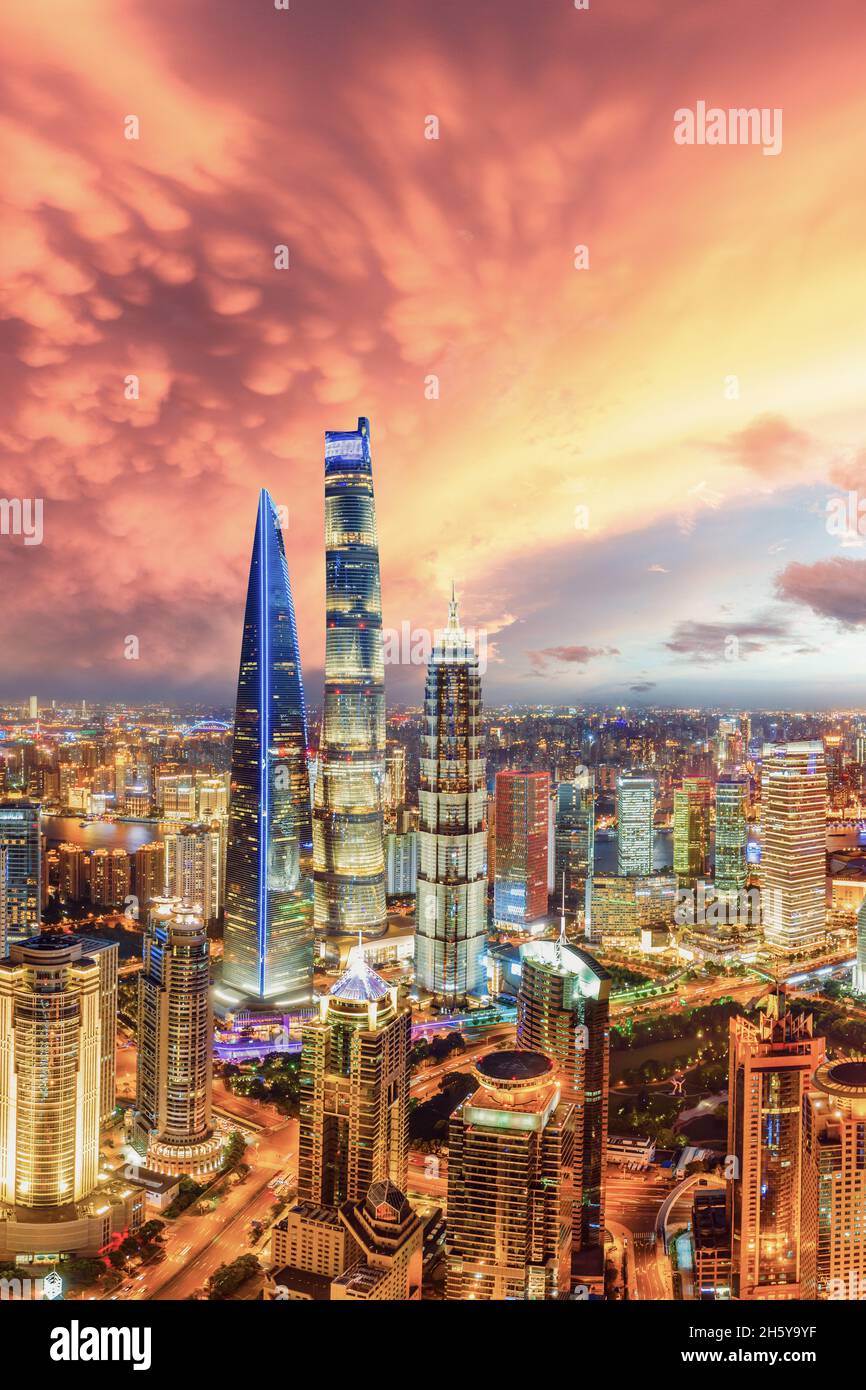 Aerial view of Shanghai skyline and cityscape at night,China Stock ...