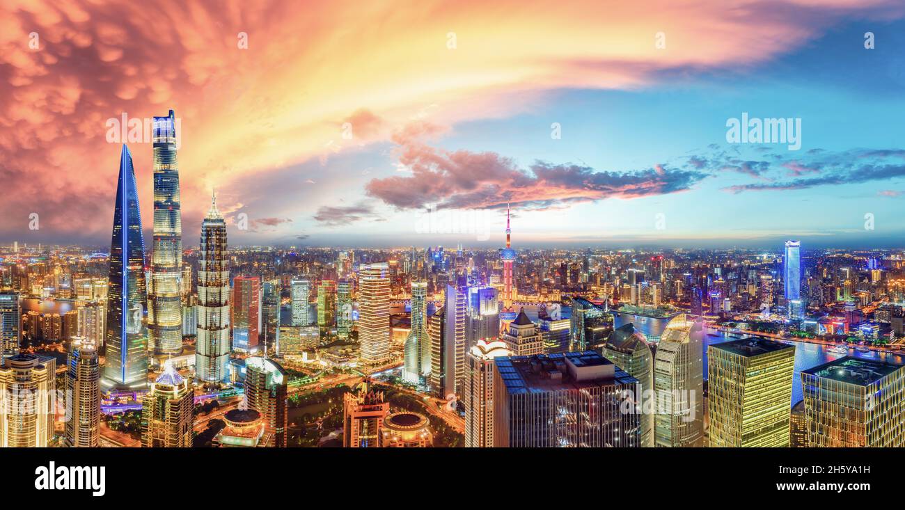 Aerial view of Shanghai skyline and cityscape at night,China Stock ...