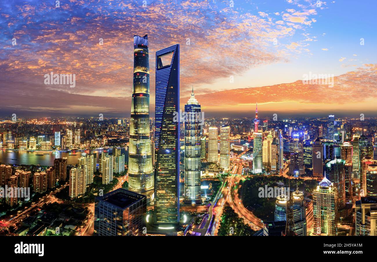 Aerial view of Shanghai skyline and cityscape at night,China Stock ...