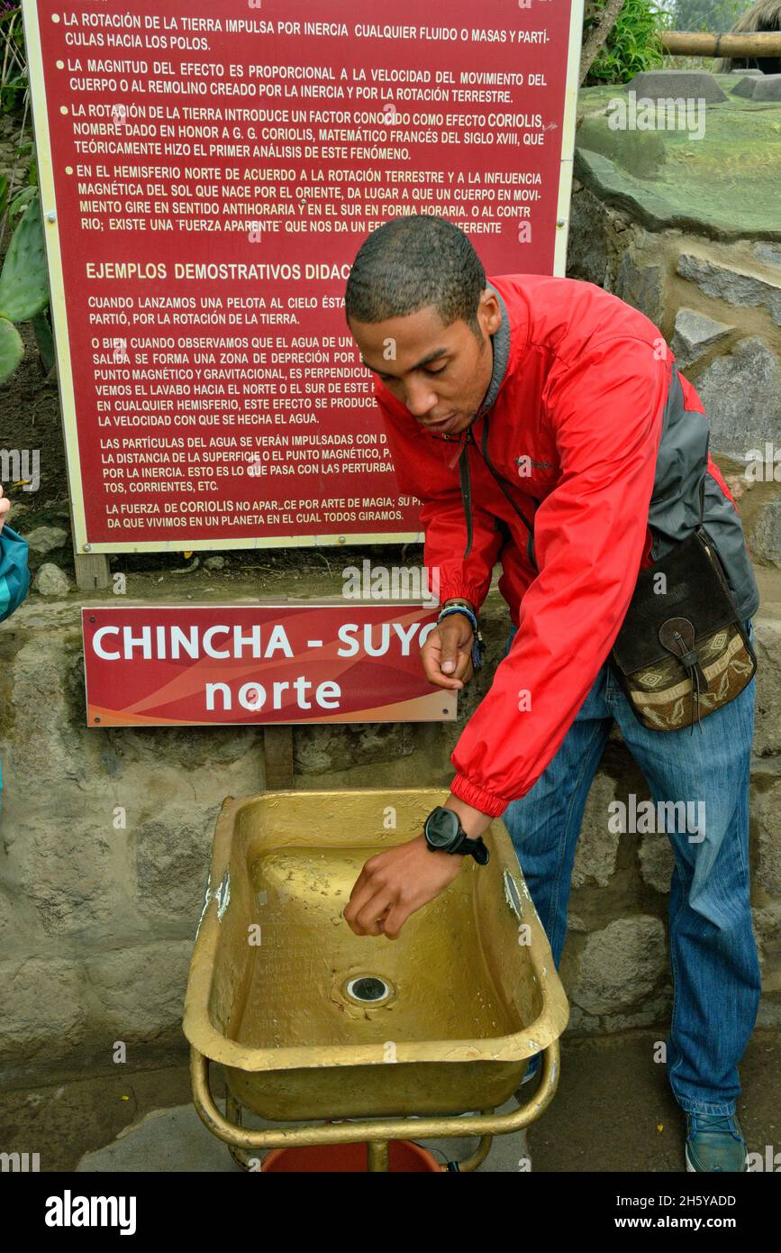 Equatorial exhibits, Ciudad Mitad del Mundo, demonstration at the equator, Museo de Sitio Intinan, San Antonio parish, canton of Quito, Ecuador Stock Photo