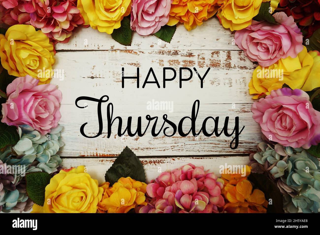 Happy Thursday text and Flowers Colorful Border Frame on wooden ...