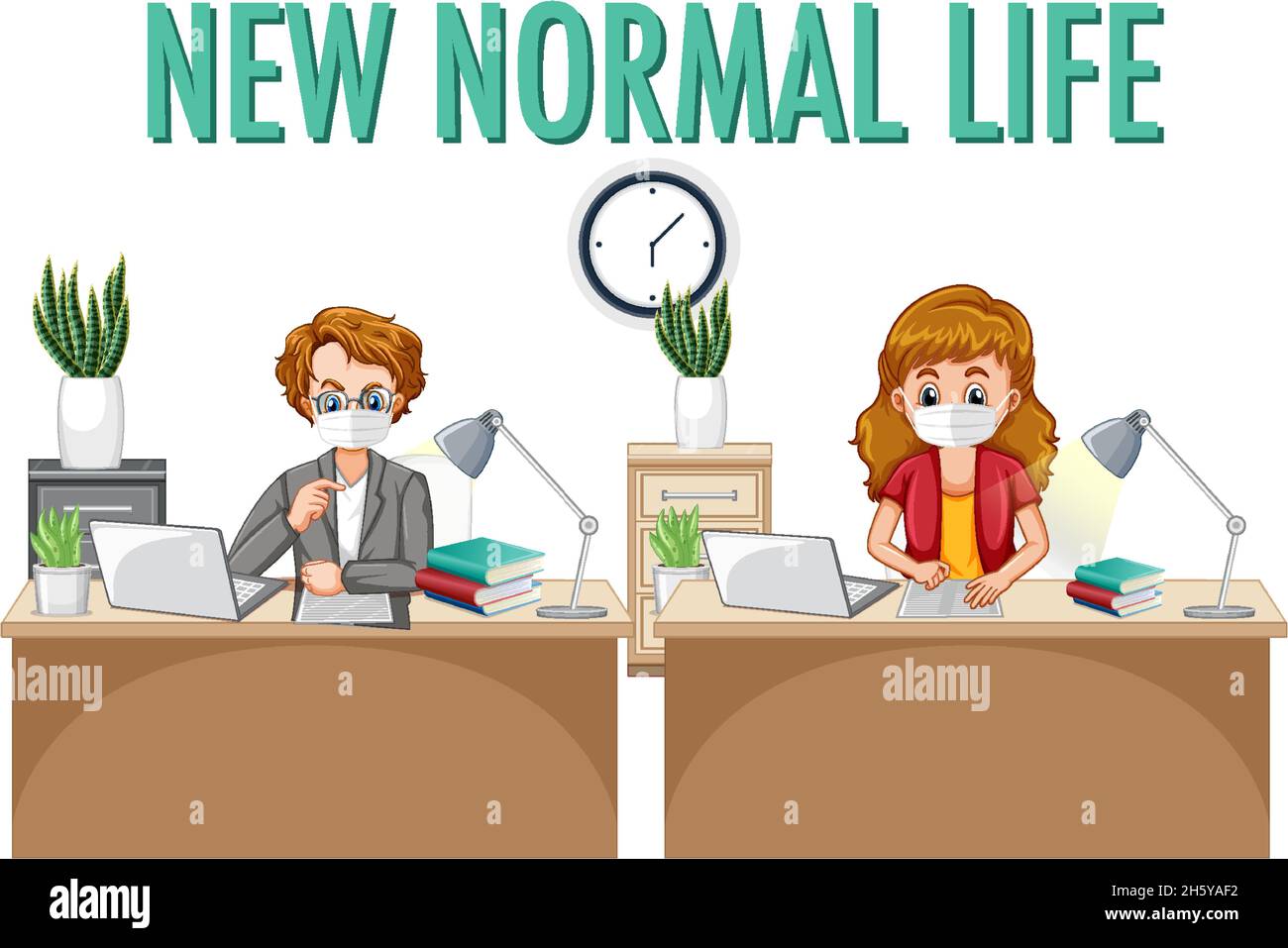 New Normal Life with officer working social distancing illustration ...