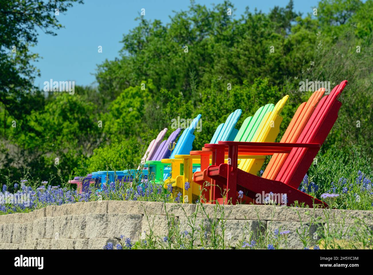 Colourful lounge chairs, Burnet County, Marble Falls, Texas, USA Stock Photo