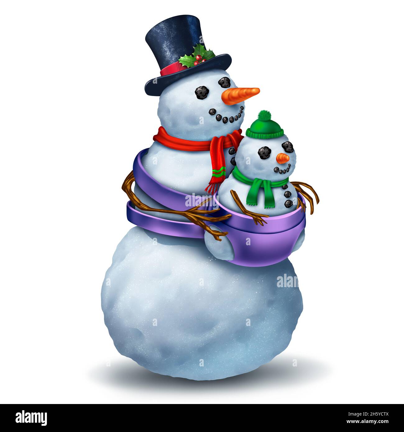 Funny parenting Snowman character as a parent taking care of a baby as a fun traditional family winter greeting celebration and festive seasonal. Stock Photo