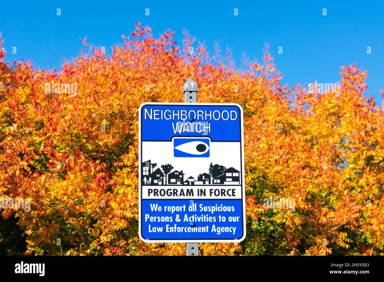 Neighborhood Watch Program In Force sign. Amazing bright red, yellow fall colored trees background Stock Photo