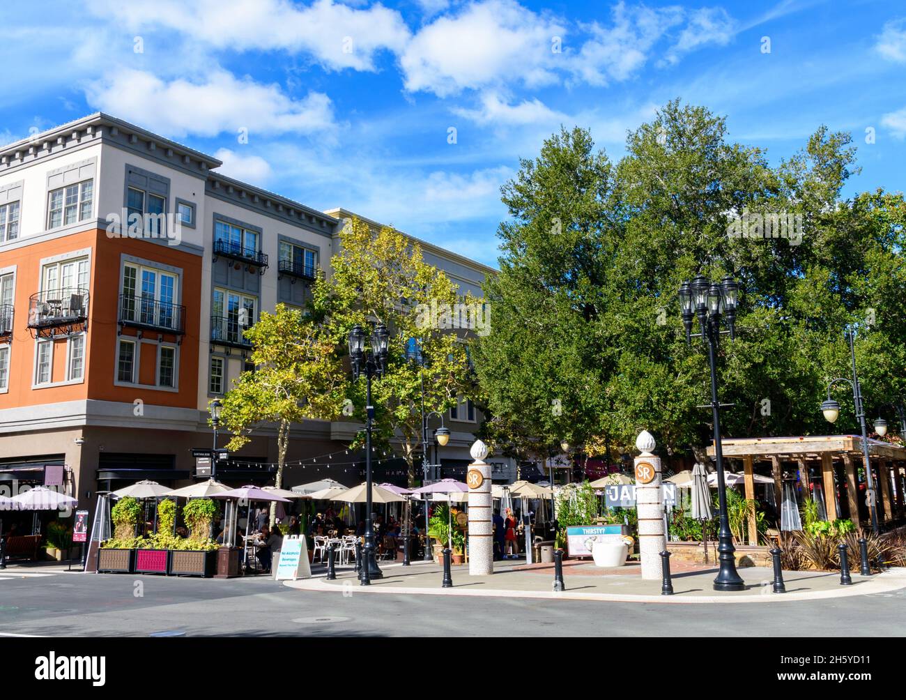 Street view of El Jardin open air seating tequila bar at Santana Row a