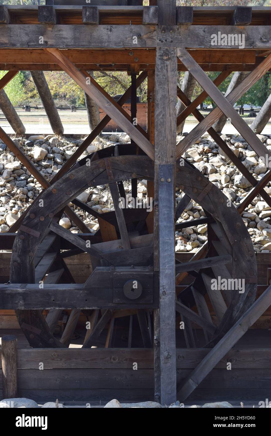 Replica of Sutter's Mill.  Marshall Gold Discovery State HIstoric Park.  Detail of the water wheel used to power the lumber saw Stock Photo