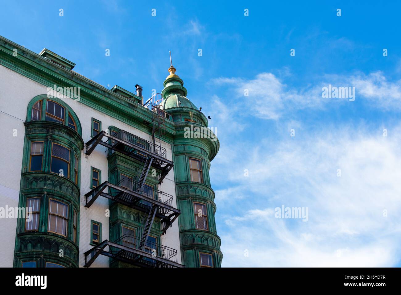 Historic Sentinel Building facade under blue sky - San Francisco, California, USA - 2021 Stock Photo