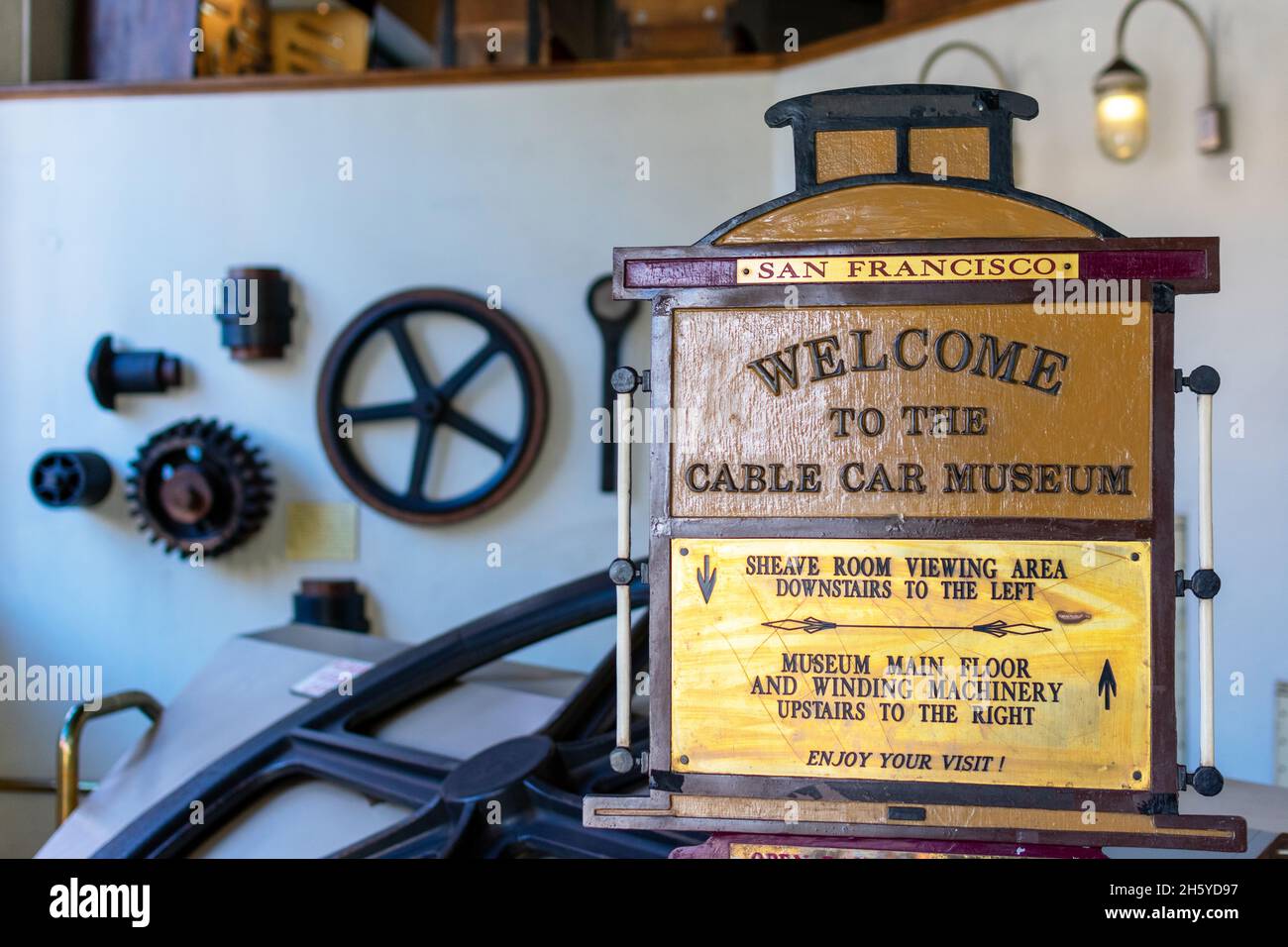 Cable car museum welcome sign - San Francisco, California, USA - 2021 Stock Photo