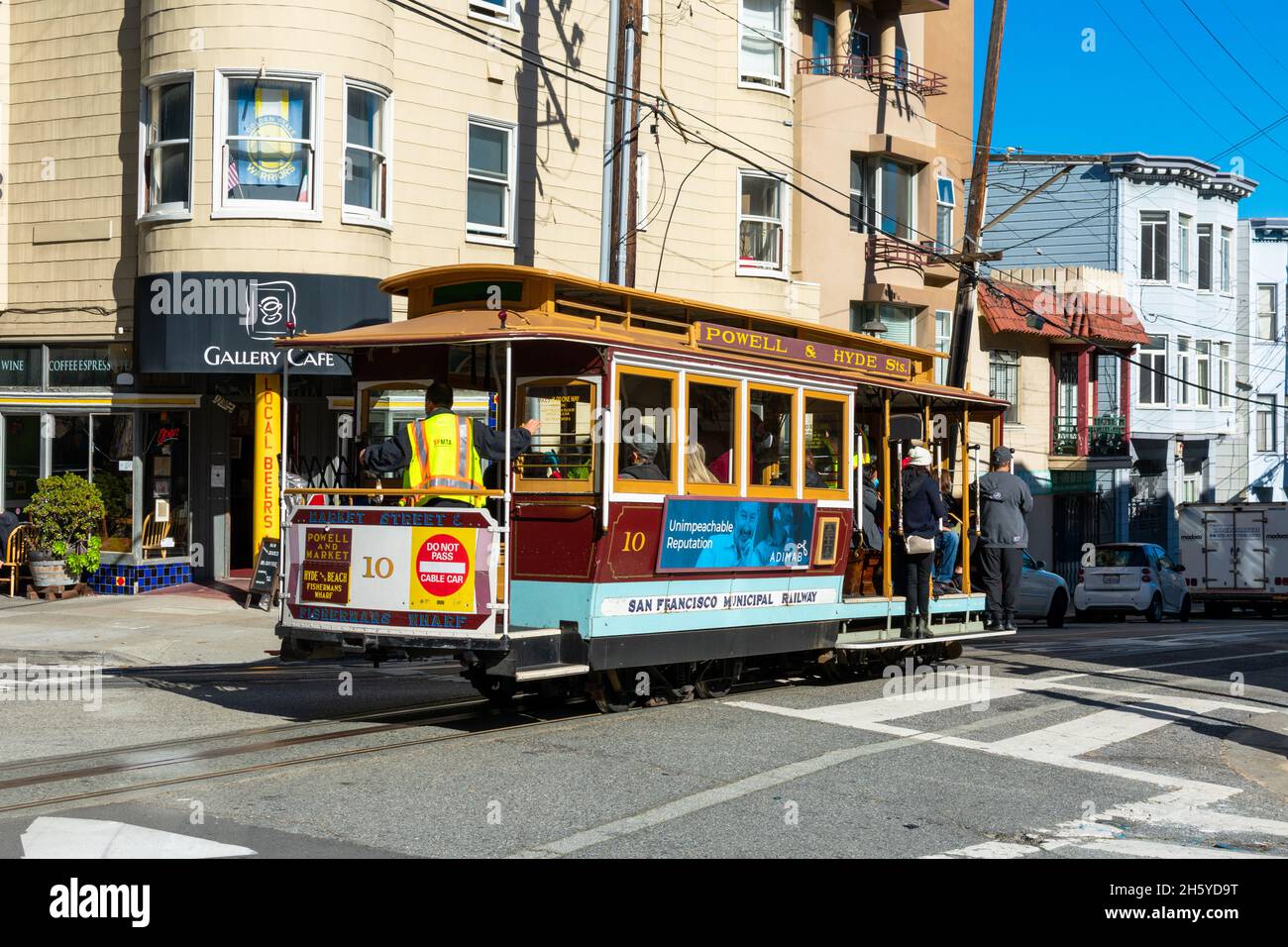 Cable car of Powell Hyde line is crossing the intersection San