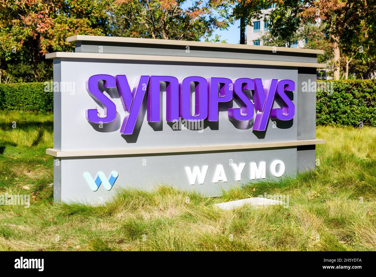 Synopsys and Waymo sign and logo at companies headquarters in Silicon ...