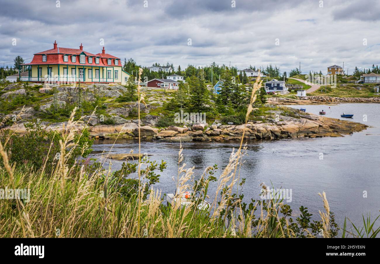 View on Baie Johan Beetz historic house on the shore of the St Lawrence river, in Cote Nord