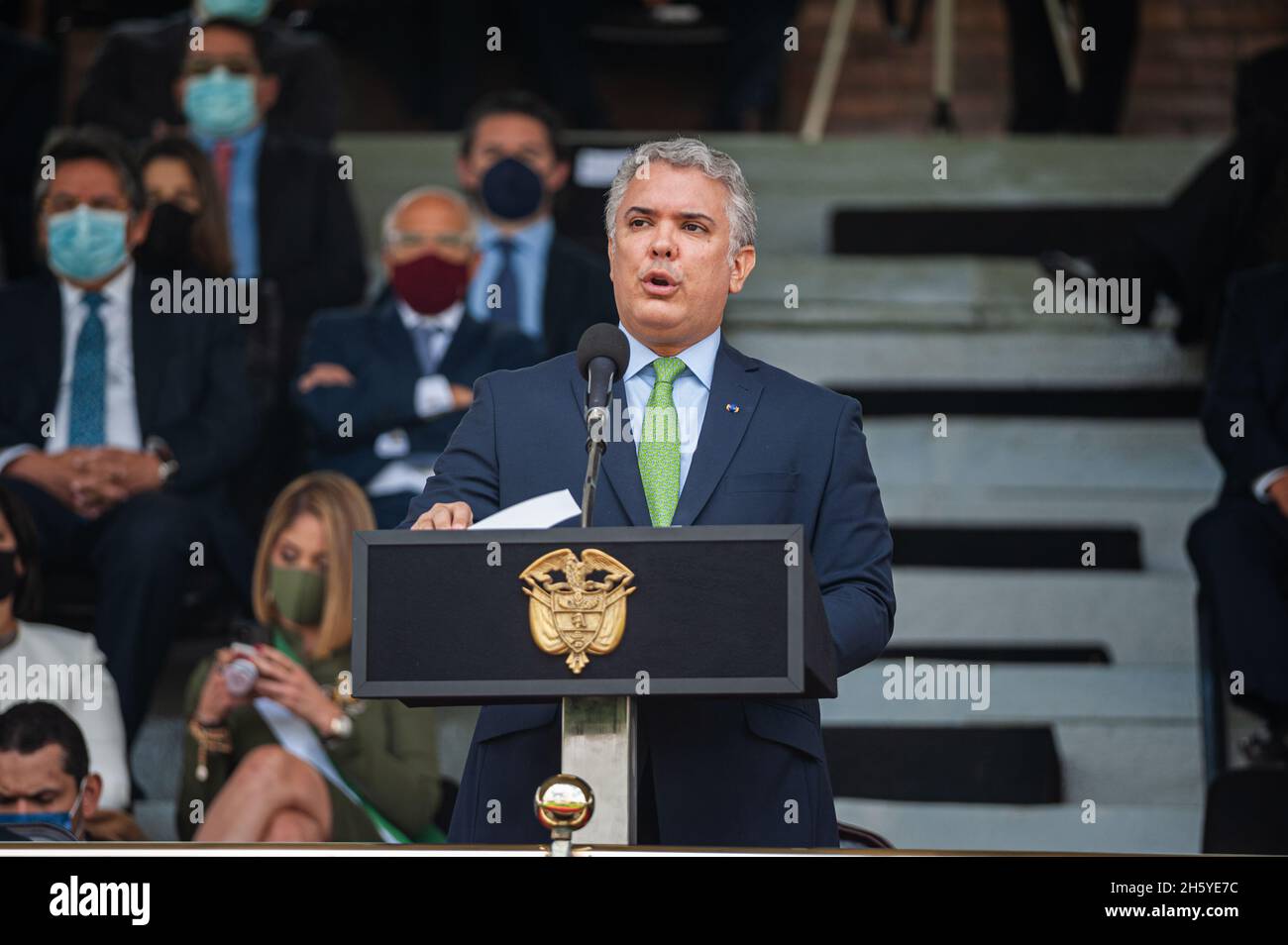 Bogota, Colombia. 11th Nov, 2021. Colombia's president, Ivan Duque Marquez gives a speech during an event were Colombia's president Ivan Duque Marquez and Colombia's Minister of Defense Diego Molano in conmmemoration of the 130 anniversary of Colombia's National Police and the promotion to officers to more than a 100 police members, in Bogota, Colombia on November 11, 2021. Credit: Long Visual Press/Alamy Live News Stock Photo
