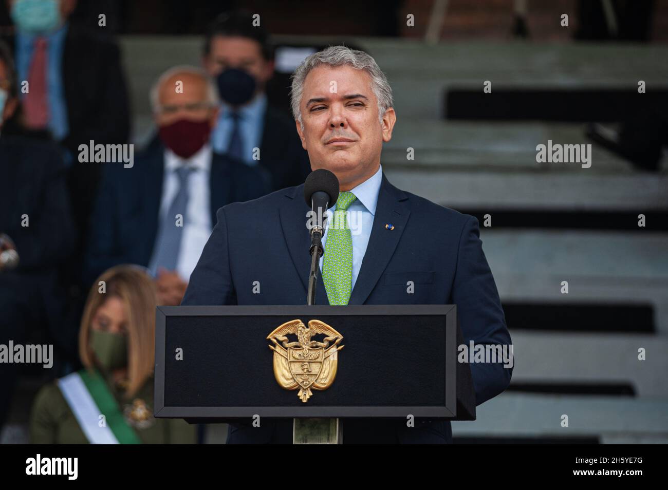 Bogota, Colombia. 11th Nov, 2021. Colombia's president, Ivan Duque Marquez gives a speech during an event were Colombia's president Ivan Duque Marquez and Colombia's Minister of Defense Diego Molano in conmmemoration of the 130 anniversary of Colombia's National Police and the promotion to officers to more than a 100 police members, in Bogota, Colombia on November 11, 2021. Credit: Long Visual Press/Alamy Live News Stock Photo