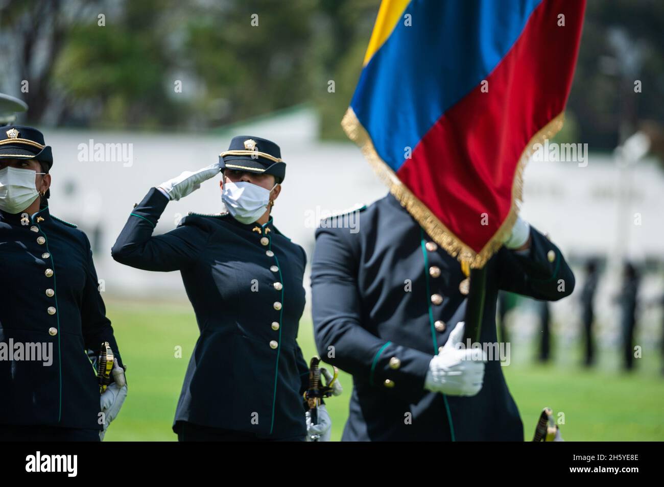 Bogota, Colombia. 11th Nov, 2021. Newly promoted Police officers participate in their promotion ceremony during an event were Colombia's president Ivan Duque Marquez and Colombia's Minister of Defense Diego Molano in conmmemoration of the 130 anniversary of Colombia's National Police and the promotion to officers to more than a 100 police members, in Bogota, Colombia on November 11, 2021. Credit: Long Visual Press/Alamy Live News Stock Photo