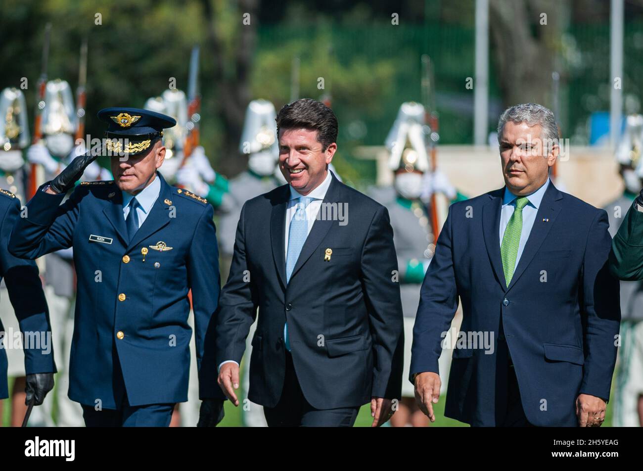 Bogota, Colombia. 11th Nov, 2021. Minister of Defense Diego Molano (Left) and President of Colombia Ivan Duque Marquez (Right) during an event were Colombia's president Ivan Duque Marquez and Colombia's Minister of Defense Diego Molano in conmmemoration of the 130 anniversary of Colombia's National Police and the promotion to officers to more than a 100 police members, in Bogota, Colombia on November 11, 2021. Credit: Long Visual Press/Alamy Live News Stock Photo