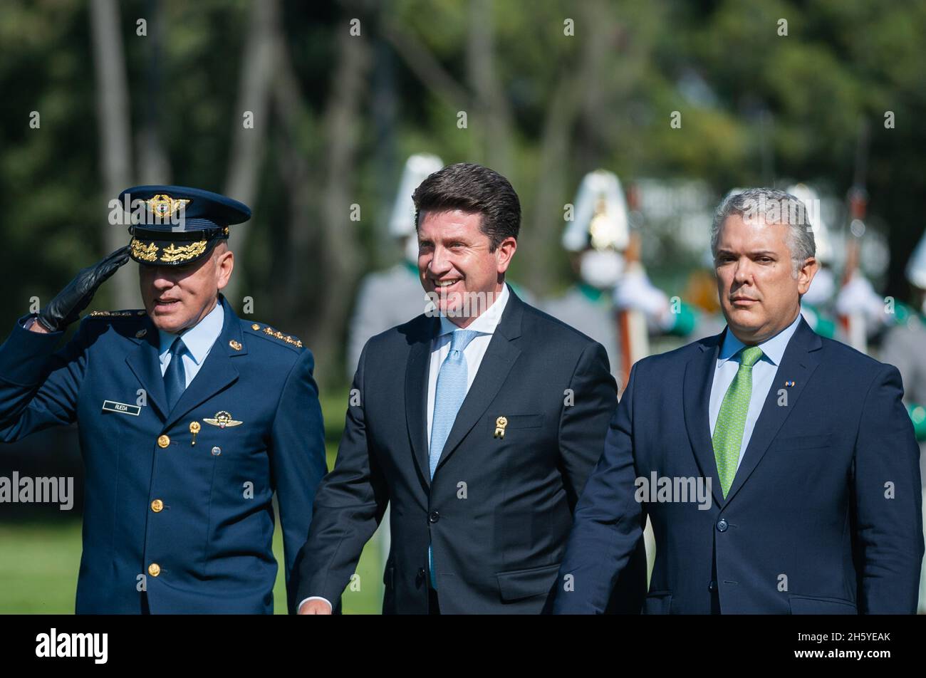Bogota, Colombia. 11th Nov, 2021. Minister of Defense Diego Molano (Left) and President of Colombia Ivan Duque Marquez (Right) during an event were Colombia's president Ivan Duque Marquez and Colombia's Minister of Defense Diego Molano in conmmemoration of the 130 anniversary of Colombia's National Police and the promotion to officers to more than a 100 police members, in Bogota, Colombia on November 11, 2021. Credit: Long Visual Press/Alamy Live News Stock Photo