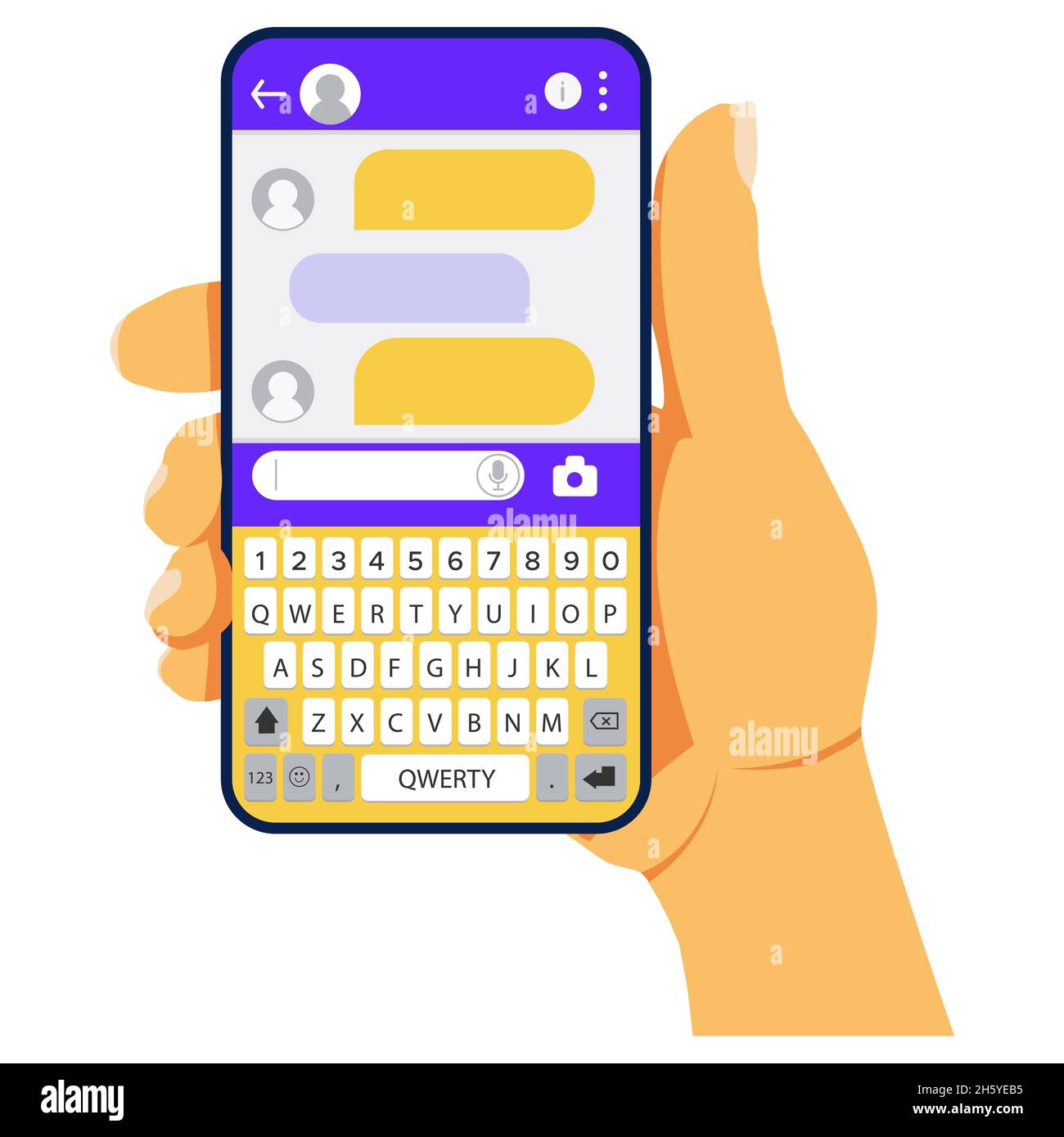 The messenger window on the phone screen. Online communication with the chatbot in the smartphone app. User interface. Vector illustration Stock Vector