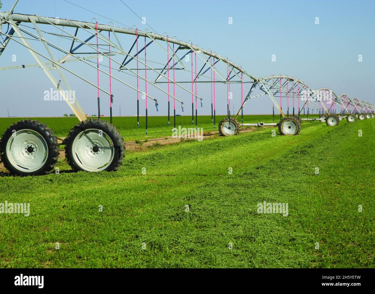 Center pivot irrigation system on an alfalfa field in California ca ...