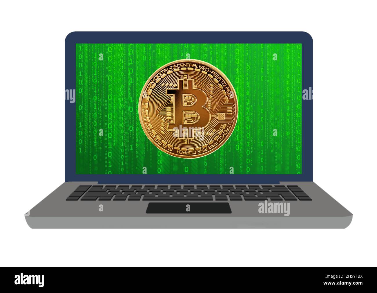 Digital Golden Bitcoin on laptop with random Binary Code on screen  background. New technological economy concept Stock Photo - Alamy