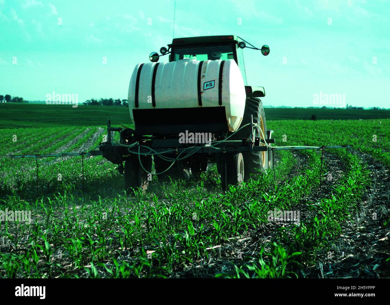 Nitrogen being applied to growing corn in a contoured, no-tilled field in Hardin County. Applying smaller amounts of nitrogen several times over the growing season rather than all at once at or before planting helps the plants use the nitrogen rather than have it enter water supplies ca. 2011 or earlier Stock Photo