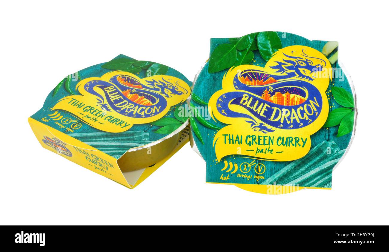 Blue Dragon Thai green curry paste packs isolated on a white background ...