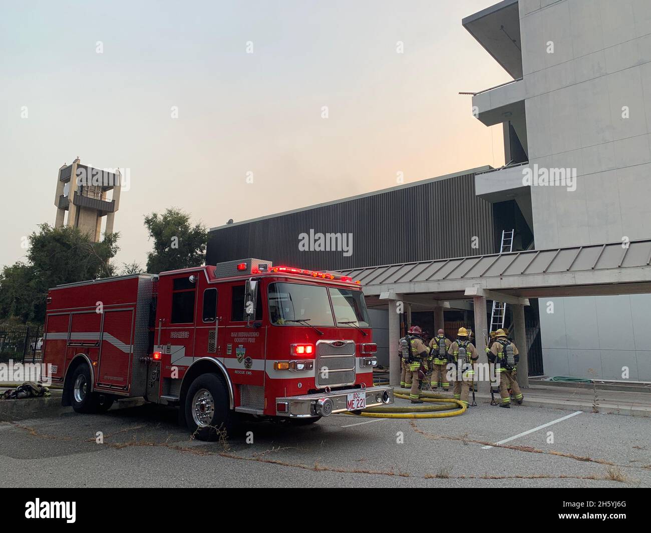 San Bernardino County Fire Medic Engine 221 at commercial fire and rescue ca. 8 September 2020 Stock Photo
