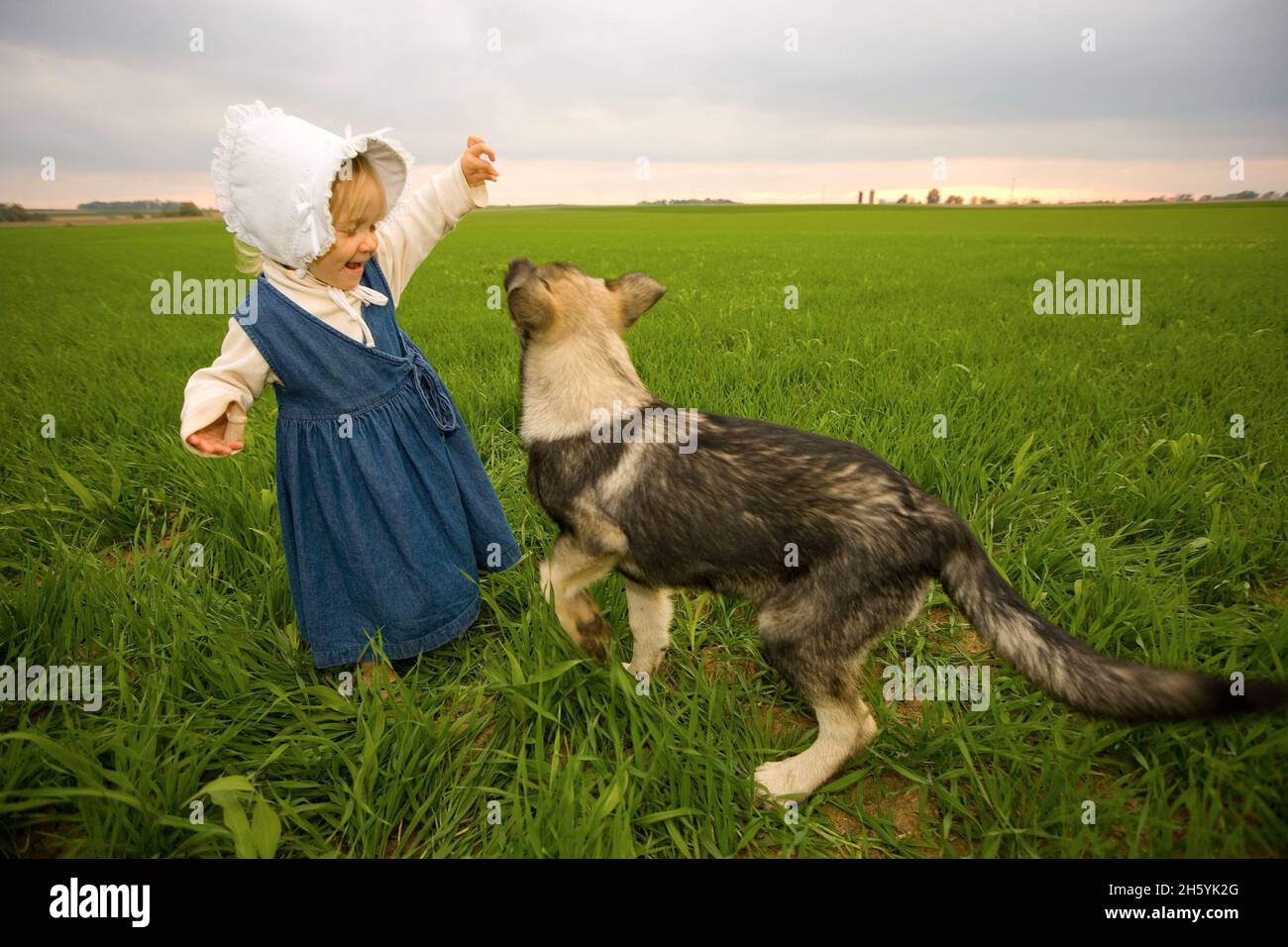 Young farmer enjoys a beautiful summer day playing with the family dog on a northeast Ohio farm ca. 2006 Stock Photo