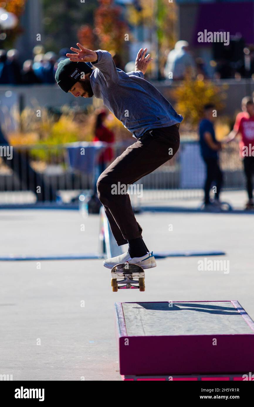 Reno, United States. 11th Nov, 2021. A skateboarder pulls a trick on a
