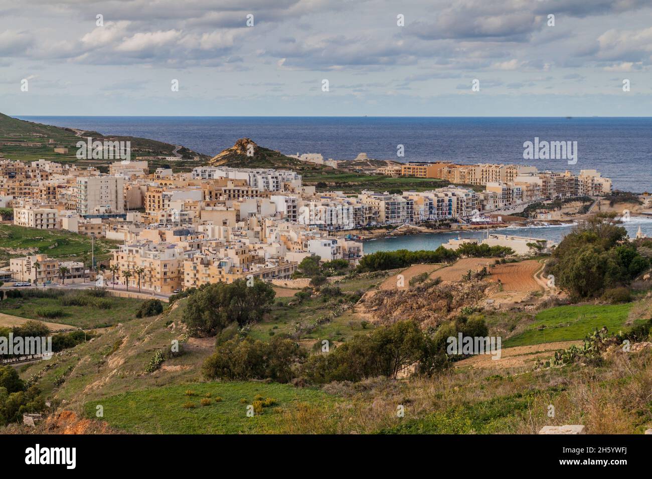 Aerial view of Marsalforn on Gozo island, Malta Stock Photo