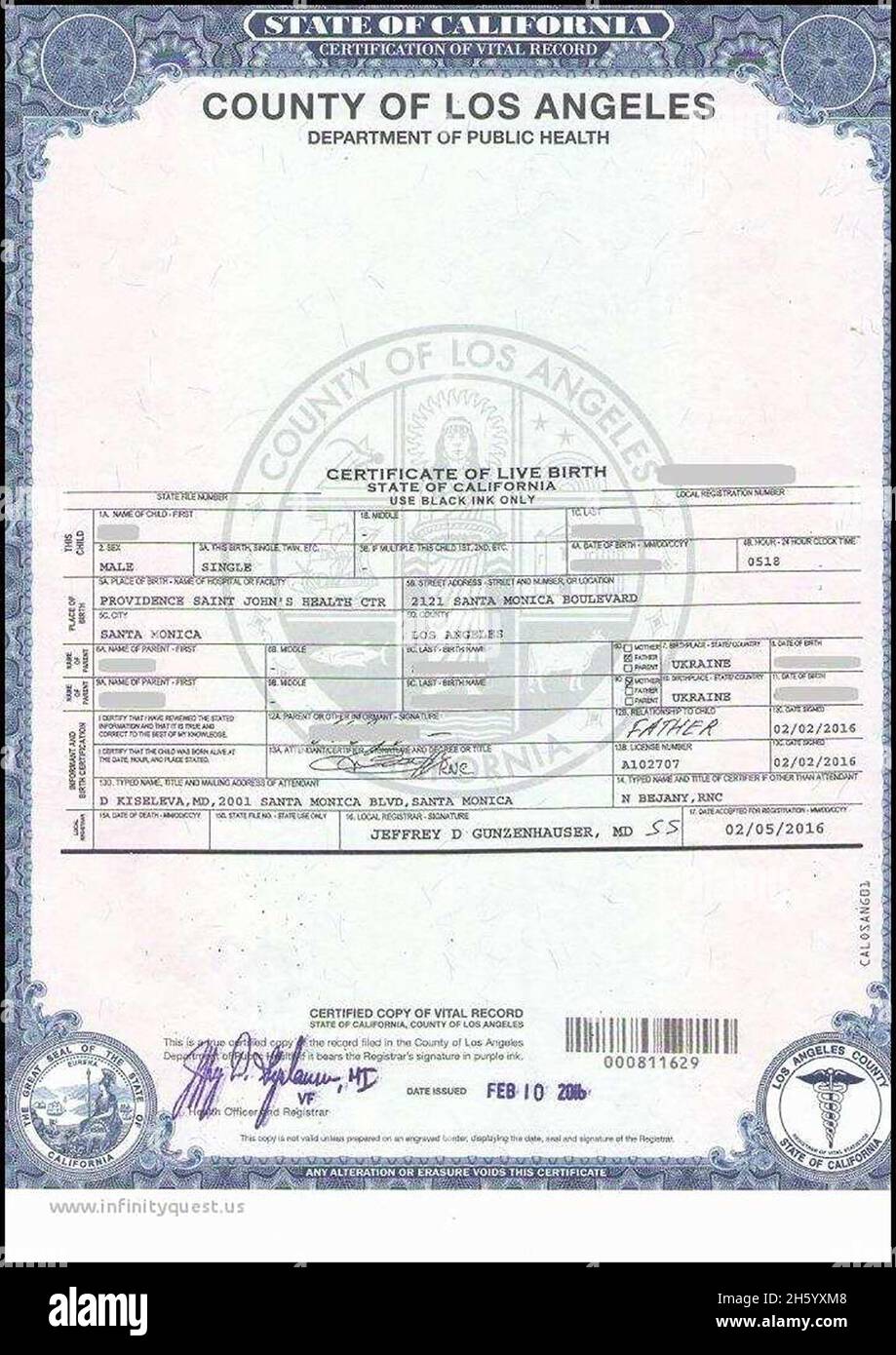 A specimen of the birth certificate from Los Angeles County California