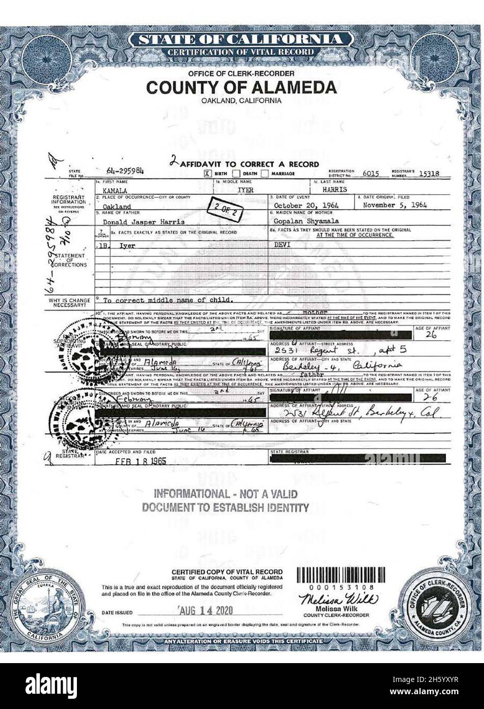 Amendment correcting the middle name of Kamala Harris on the original birth certificate to Devi ca. 14 August 2020 Stock Photo