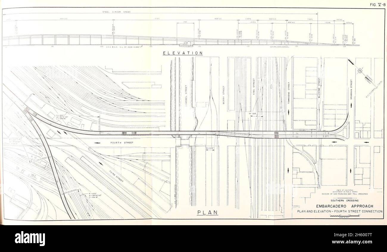 Southern Crossing: Embarcadero approach, plan and elevation - Fourth Street connection ca. 1 December 1954 Stock Photo