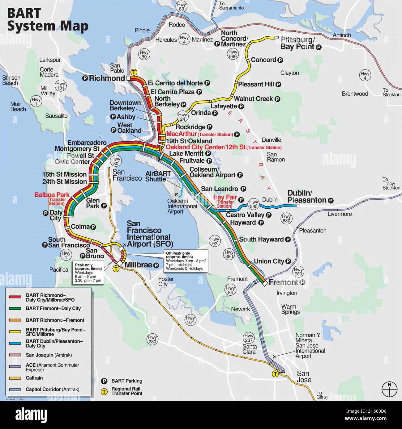 BART system map accurate to the south-of-Daly-City changes of February 9, 2004 Stock Photo