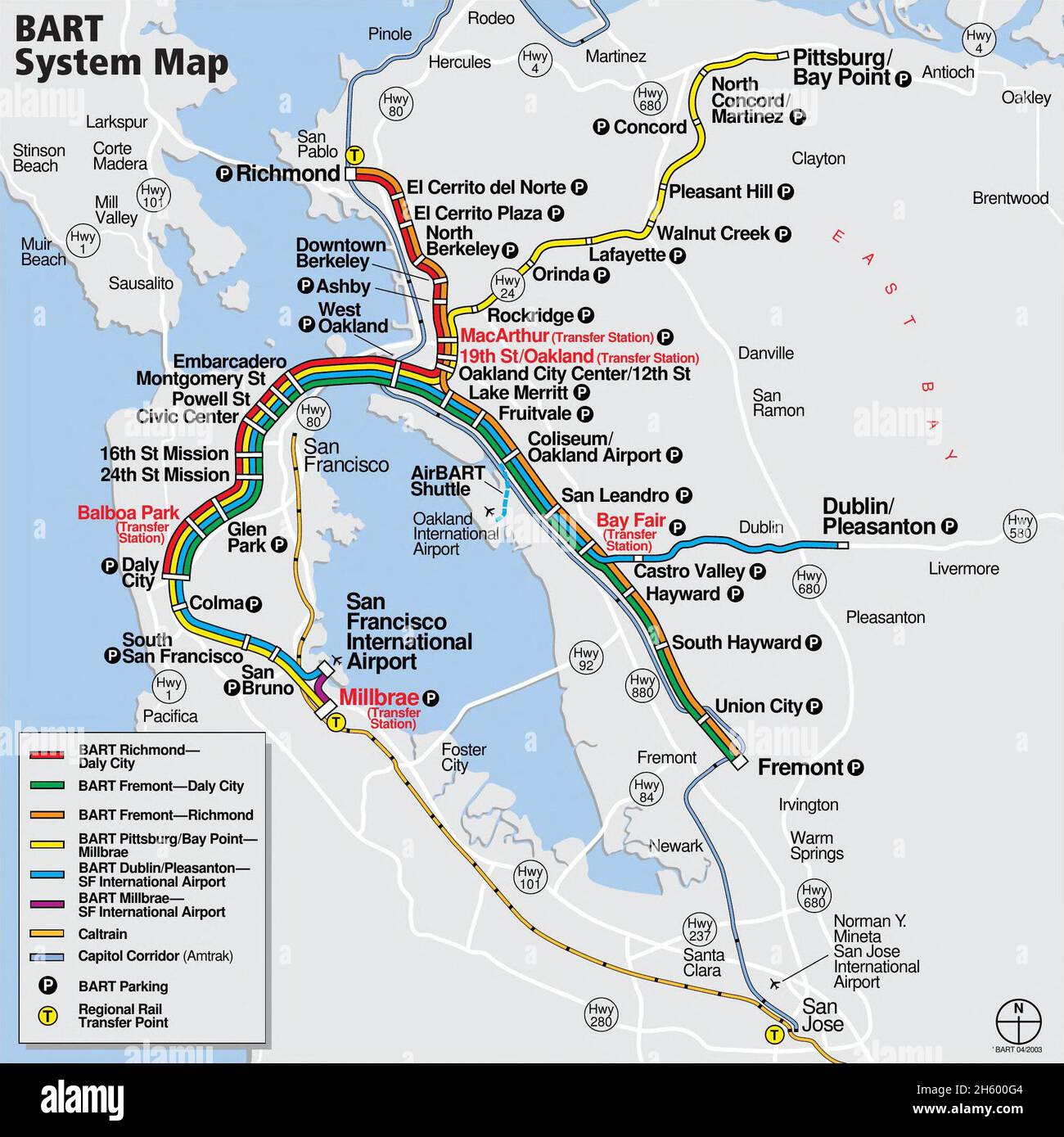 BART system map effective June 22, 2003 - the first map with the SFO extension open Stock Photo
