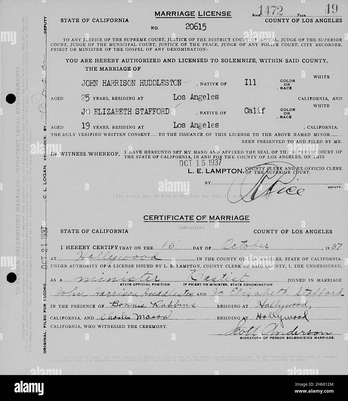 Jo Stafford marriage license front 1937 Stock Photo Alamy