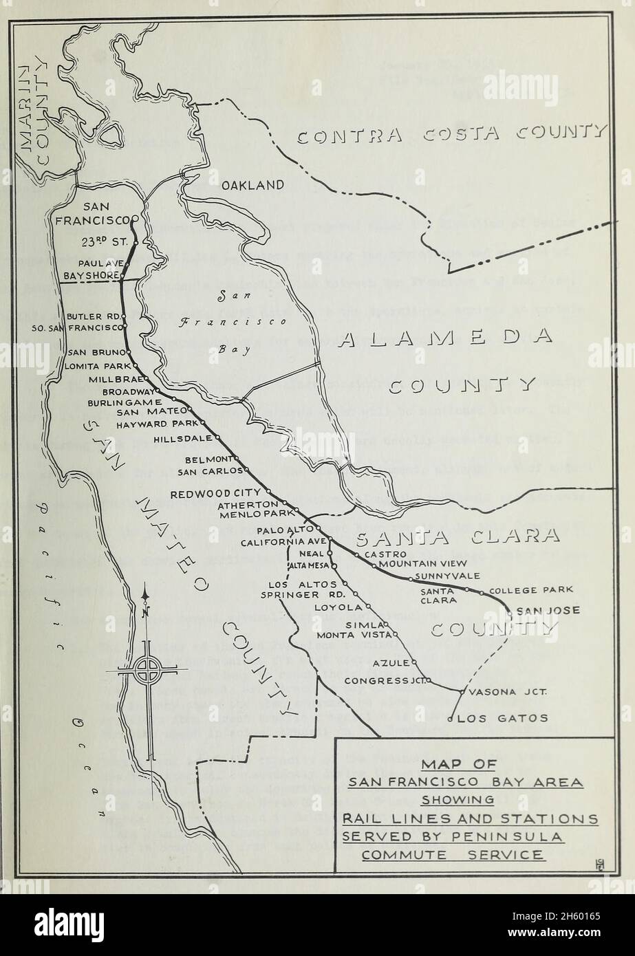 Map showing Peninsula Commute operated by Southern Pacific Transportation Company in 1955. As described in the text: 'The frontispiece map indicates the general area served by the Peninsula Line together with the location of all stations. The main double track line between San Francisco and San Jose is shown by a heavy black line, while the single track, Los Gatos - Los Altos Branch, is shown by a light line. The dotted line indicates non-stop trackage used by the Los Gatos Branch train in operating to and from the yards at San Jose.' ca. 20 January 1955 Stock Photo