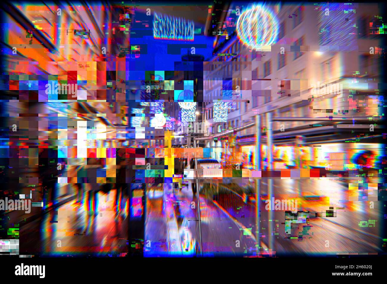 Few pedestrians on the rather busy street in metaverse conceptual reality Stock Photo