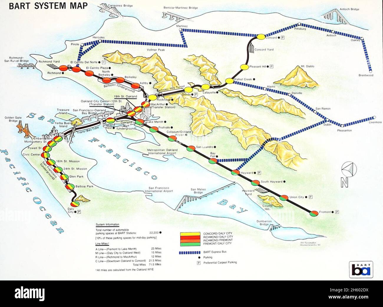 Stylized aerial map of BART service in 1983. This style appears to have been created for the agency's annual reports and not used in stations ca. 1983 Stock Photo