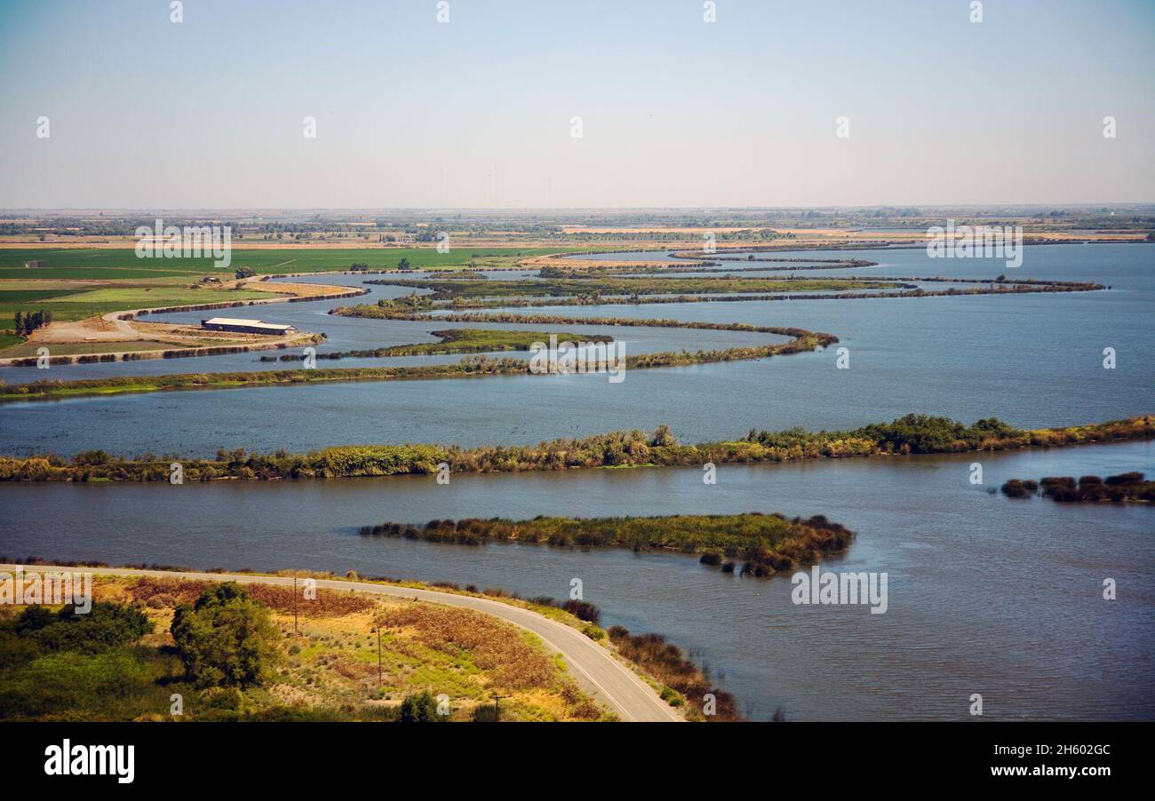 Three islands in the Sacramento San Joaquin River delta in California, they are Mildred, McDonald (left) and Venice (background) Stock Photo