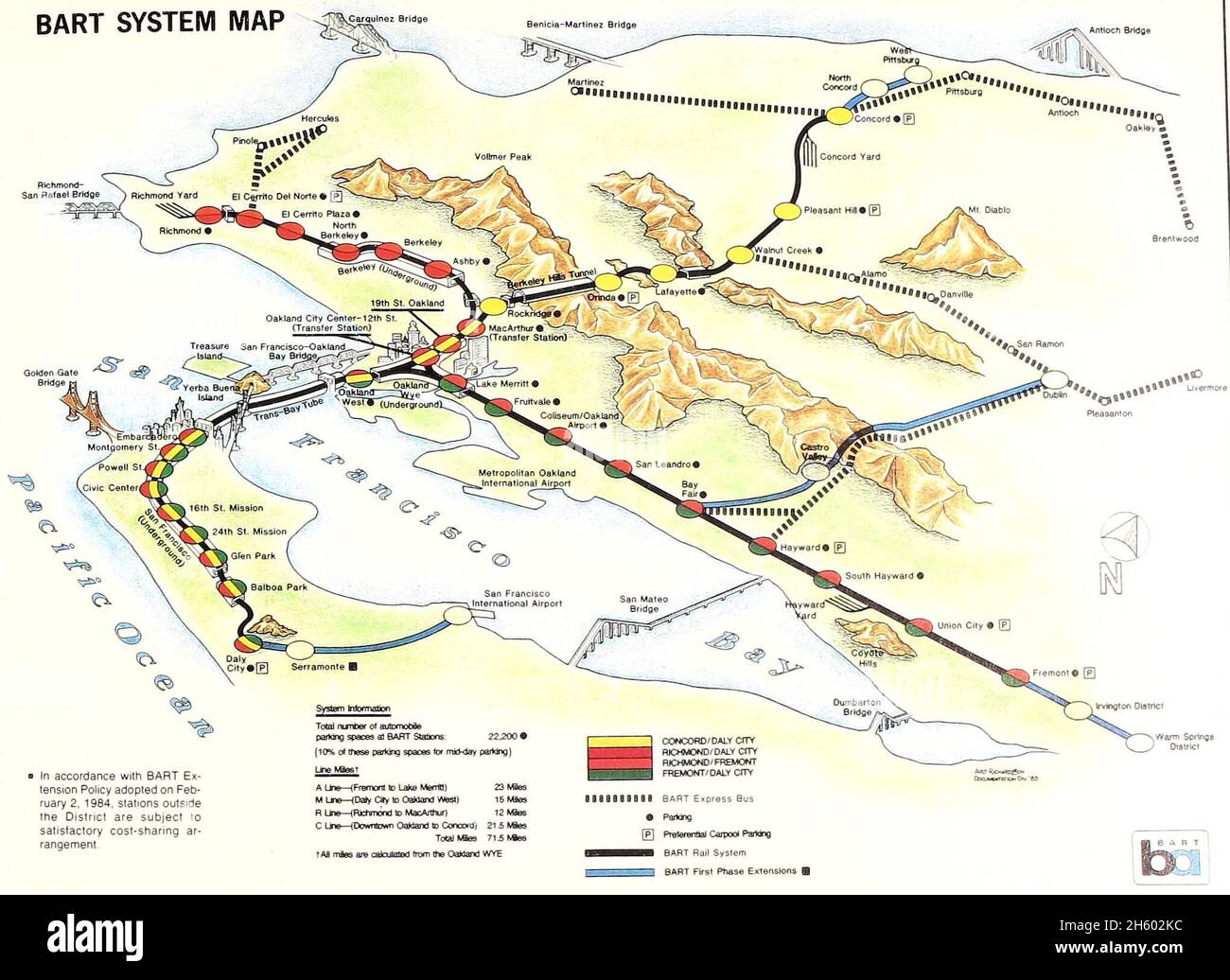 Stylized aerial map of BART service in 1984, showing proposed SFO and Dublin extensions. This style appears to have been created for the agency's annual reports and not used in stations. ca. 1984 Stock Photo