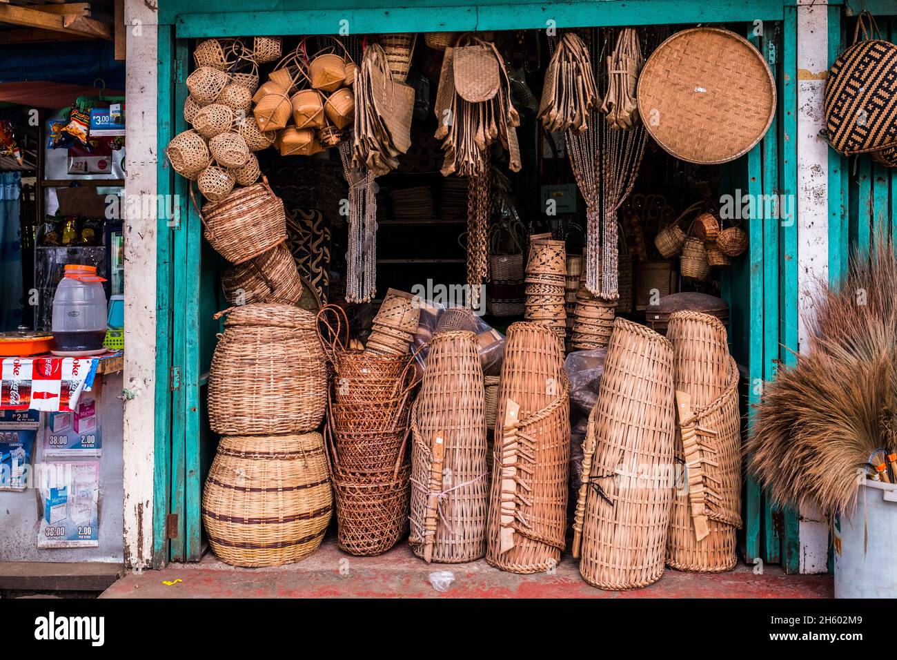 July 2017. Local rattan products, such as baskets of various sizes, for sale in Puerto Princesa, Palawan, Philippines. Stock Photo