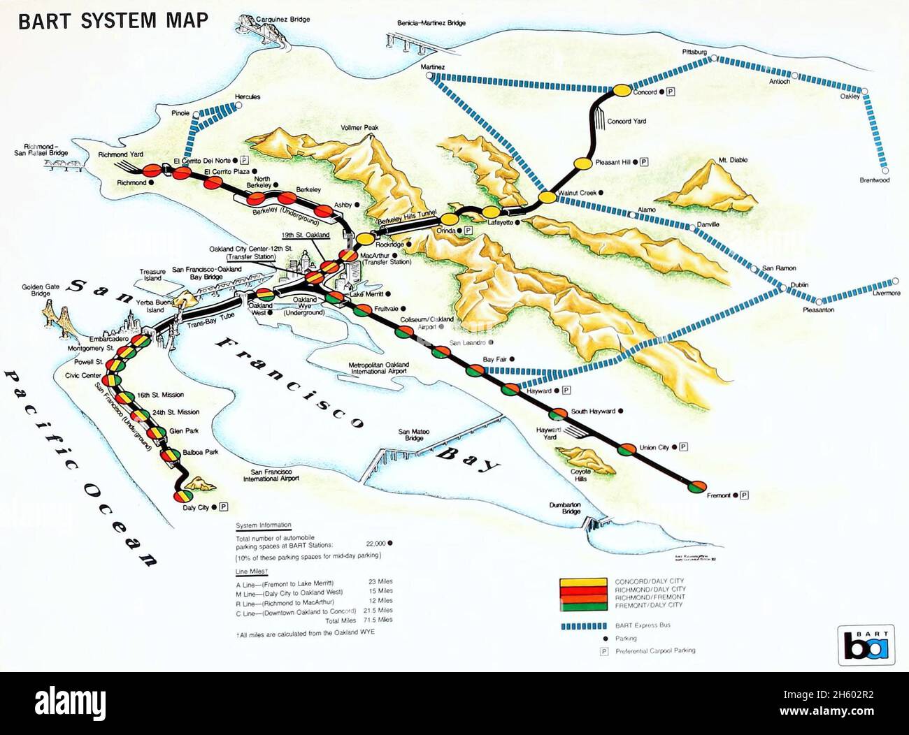 Stylized aerial map of BART service in 1982. This style appears to have been created for the agency's annual reports and not used in stations ca. 1982 Stock Photo