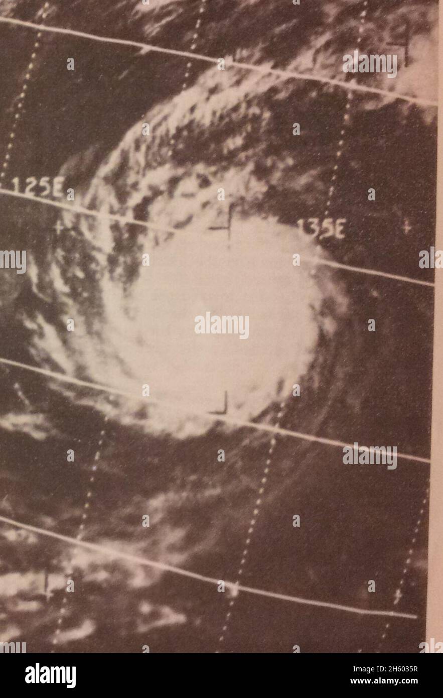This ESSA 3 weather satellite image of Typhoon Violet was taken on April 5, 1967 Stock Photo
