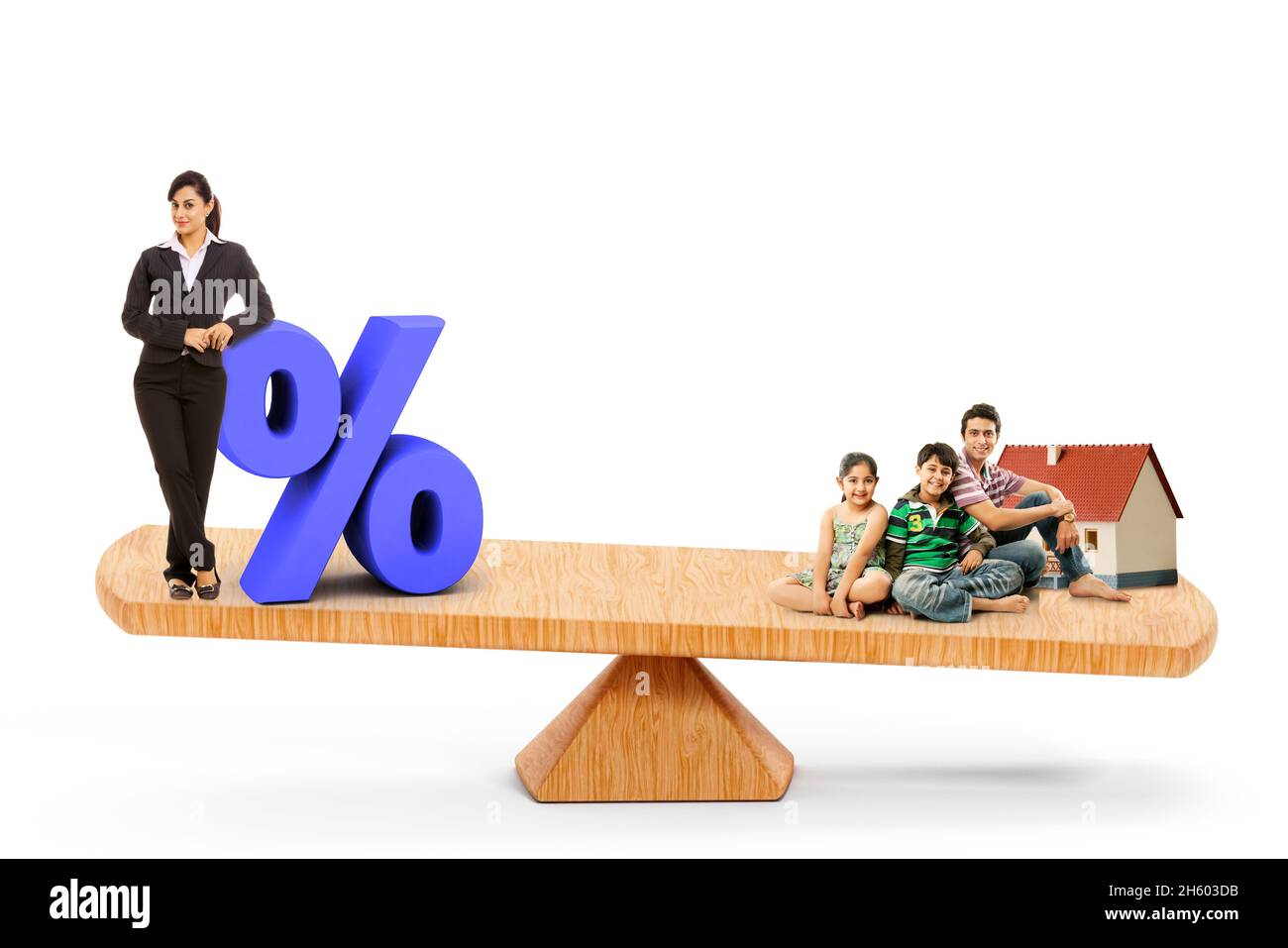 A balanced see- saw with a female corporate employee and a family and ...