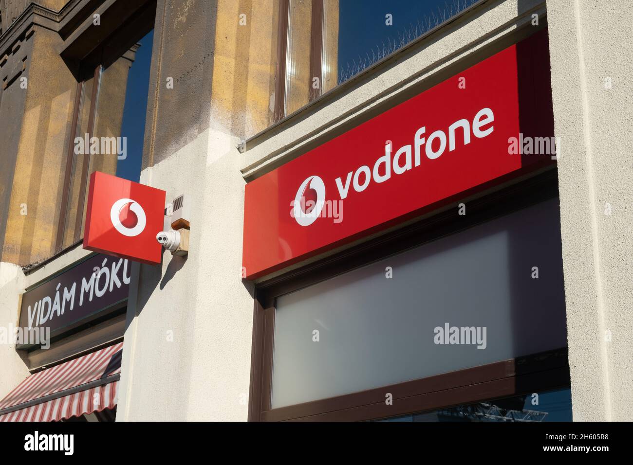 Budapest, Hungary - 1 November 2021: Vodafone company logo close-up, Illustrative Editorial. Stock Photo
