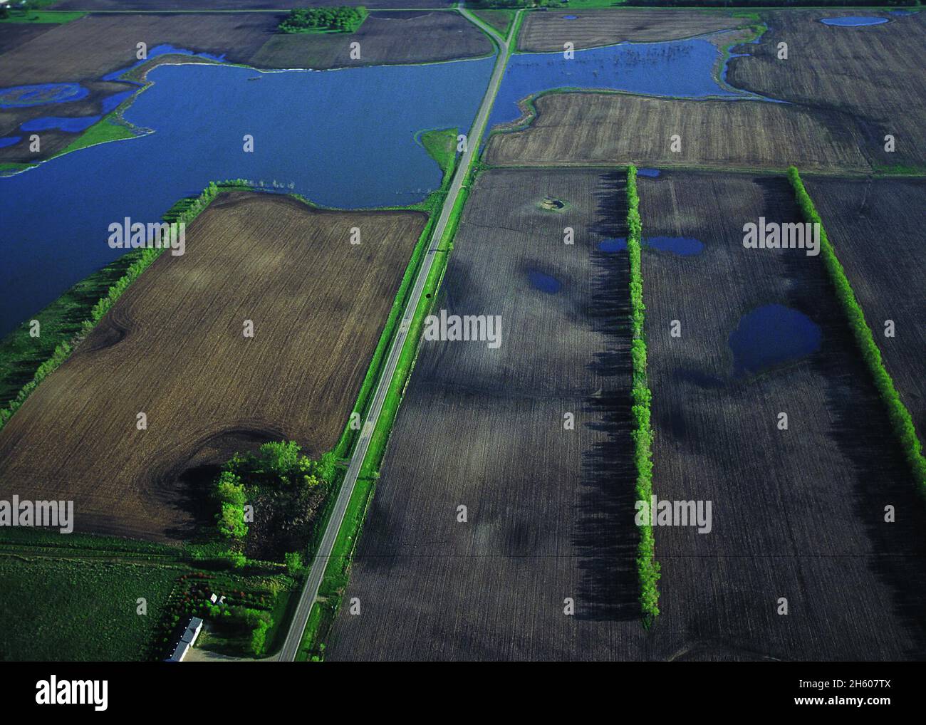 Aerial photo shows wetlands and cropland in the prairie pothole region